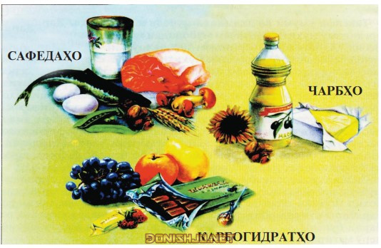Расми 76. Маҳсулоти сафеда, чарб ва карбогидратҳо